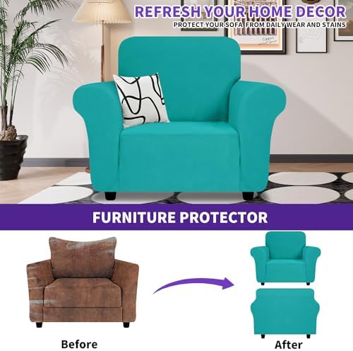 ZNSAYOTX Chair Cover with Arms (30"-47"), New Striped Sofa Chair Covers for Living Room, Dogs Pet Friendly Anti-Slip Chair Protector Spandex Armchair Slipcovers (Chair, Peacock Teal) - Image 2