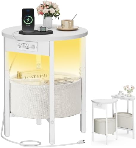 Vagusicc Round Side Table with Charging Station, Round End Table with Fabric Basket, Accent Table Coffee Table, Set of 2 Half Moon Tables, Bedside Table, Modern LED Nightstand for Living Room, White by Vagusicc
