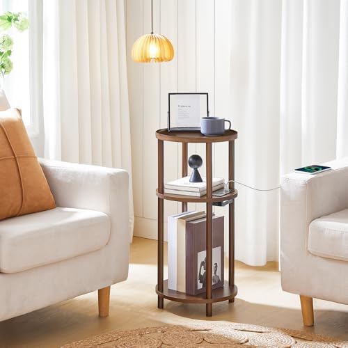 HOOBRO Small Round Side Table with Charging Station, 3-Tier Round Bamboo End Table, Compact Sofa Bedside Table for Small Space, Easy Assembly, for Living Room, Bedroom, Apartment, Mocha MA152UBZ01 - Image 5