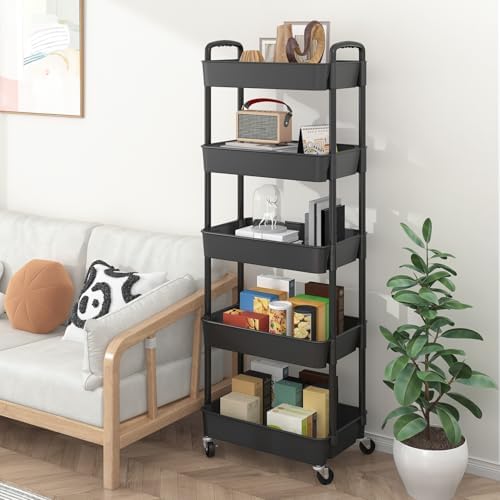 Sywhitta 5-Tier Plastic Rolling Utility Cart with Wheels,Black - Image 5