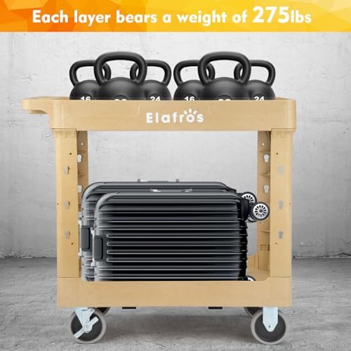 ELAFROS 2-Tier Heavy Duty Rolling Cart, 34 x 17 in, 2 Fixed 2 Swivel, Sand - Image 6