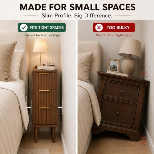 Narrow Nightstand with 3 Drawers, Slim Bedside Table with Fluted Drawer Fronts and Gold Handles, Skinny Side Table for Sofa Side, Bedroom, Small Spaces, Wood Grain Accent Table - Image 4
