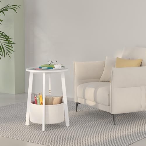 sthmec Small Round Side End Table with Cloth Storage Basket, Round Bedside Sofa Couch Coffee Tables for Small Places with Metal Frame, Modern Nighstands for Living Room Bedroom,White - Image 5