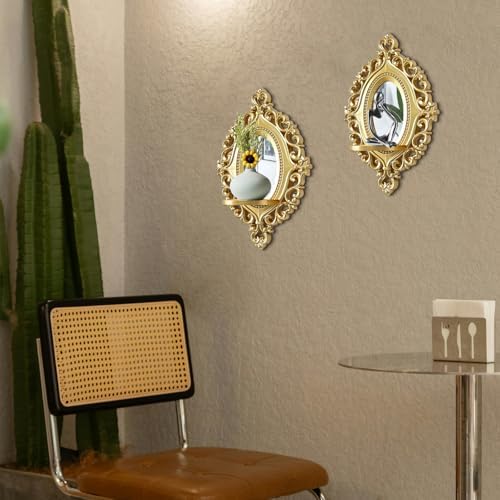 2 Set Vintage Candle Wall Sconce for Home Decor Living Room Bedroom Office Wood Antique Mirrored Victorian Mounted Candlestick Wall Holder Relief Hanging Decor -Gold 11.8in - Image 7