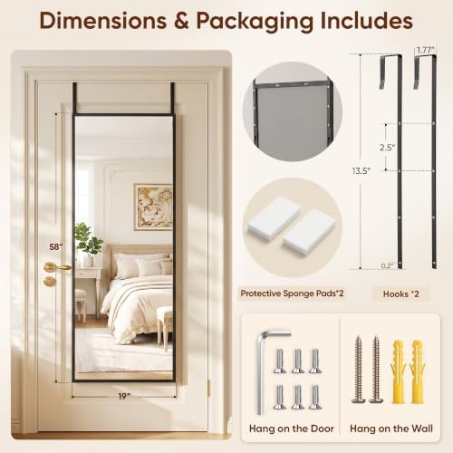 Suidia Full Length Mirror Over the Door&Wall Mounted, 58"x19" Door Mirror with Aluminum Alloy Frame, HD Shatterproof, No-Drill, Hanging Mirrors for Bedroom, Bathroom, Dorm, Closet, Rect, Black - Image 5