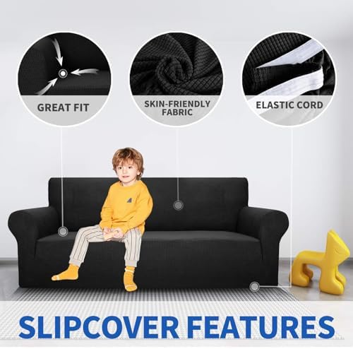MAXIJIN Super Stretch Couch Cover for 3 Cushion Couch, 1-Piece Universal Sofa Covers Living Room Jacquard Spandex Furniture Protector Dogs Pet Friendly Fitted (Large, Black) - Image 3