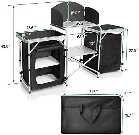 CampLand Folding Camping Kitchen Table with Windscreen,Portable Outdoor Cooking Station with Storage Cabinet & Side Tables Heavy Duty Camp Cook Station for Camping & BBQ (Black2cabinet) - Image 3