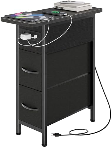 Huuger Narrow End Table with Charging Station, Side Table with 2 Drawers by Huuger