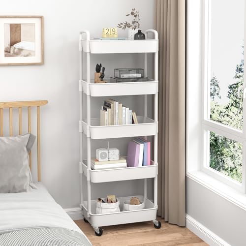 Sywhitta 5-Tier Plastic Rolling Utility Cart with Wheels for Storage,White - Image 5