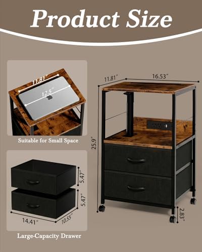 Faesun Swivel Lift Top Nightstand with Charging Station, Rolling Side Table for Recliner, Bedside Table with Wheels & 2 Fabric Drawers, for Small Spaces, for Bedroom, Living Room, Brown Black - Image 2