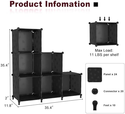 UNKU 6 Cube Storage Organizer, Closet Organizer Storage Shelves, Black - Image 3