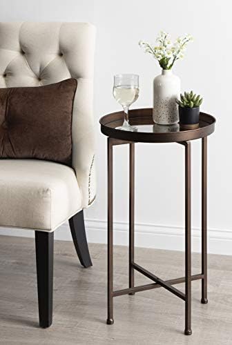 Kate and Laurel Celia Round Metal Foldable Accent Table with Mirror Tray Top, Bronze - Image 2