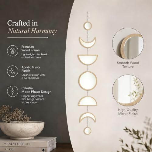 7 Pcs Gothic Witchy Moon Phase Wall Decor, Acrylic Mirror Wooden Backboard, Celestial Boho Hanging Wall Art for Home Bedroom Decor - Image 6