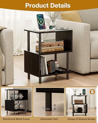 Frylr Side Table, Night Stand and End Table with Power Outlets and USB Ports, Strong Metal Frame, 44lb Capacity per Tier and Leveling Feet for Bedroom, Bedside, Living Room and Small Space, Black - Image 5
