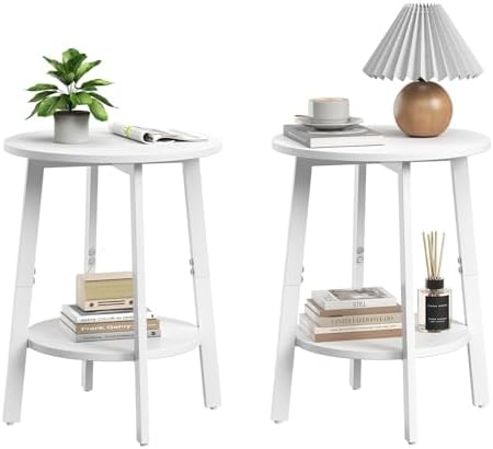 sthmec Side Table Set of 2, Small Round End Table with Storage Shelf for Small Space, 2-Tier Bedside Table Sofa Couch Table, Round Nightstands Set 2 Accent Table for Living Room, Bedroom, White by Unknown