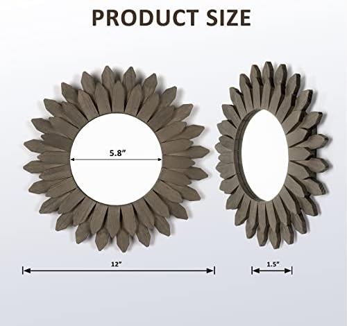 Honiway Farmhouse Wall Decor Mirror 12 inch Sunburst Boho Wood Mirror Rustic Home Decor Room Decoration for Bedroom Living Room Weathered Grey - Image 7