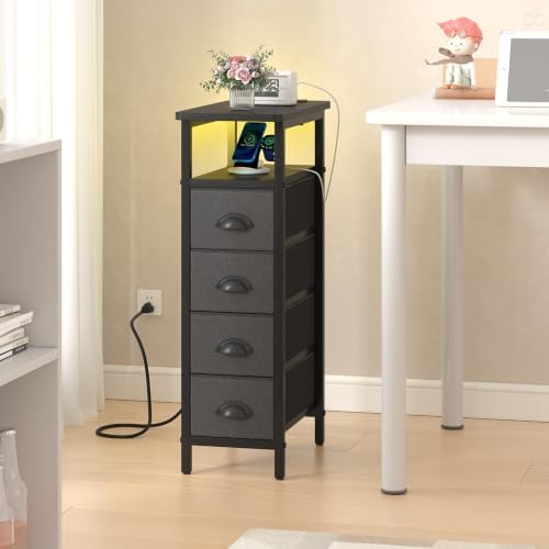 sthmec Side Table with Charging Station, Narrow End Table with 4 Drawers, LED Nightstands with Fabric Drawers,Slim Sofa Couch Side Tables for Small Spaces,Living Room,Bedroom, Black - Image 7