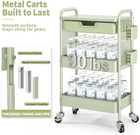 KINGBOARD 3 Tier Metal Rolling Cart with Drawer, Green Utility Storage Cart | 2 Cups & 4 Hooks, Lockable Wheels, Trolley Organizer for Bathroom, Kitchen, Office, Nursery, Dorm, Laundry, Craft Room - Image 2