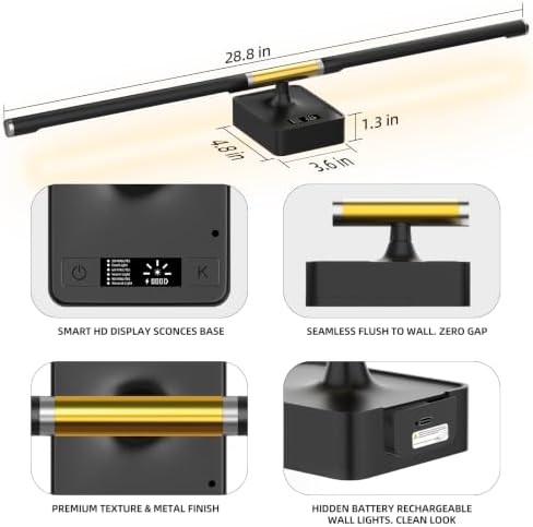 Cordless Wall Sconces Battery Operated Set of 2, Detachable Battery | Digital Battery Display,Backup Battery,3CCT Dimmable,Timer,360°Rotatable,Easy Install,No Wiring for Bedroom Living Room Decor - Image 4