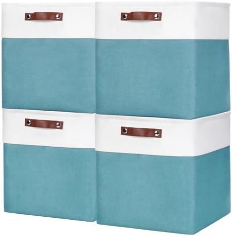 Bagnizer 13x13 Cube Storage Bins, Collapsible Fabric Storage Box, 4 Pack Closet Baskets with Handles for Organizing, Shelf, Toys, Clothes, Home, Office, Nursery (Teal&White) by Bagnizer