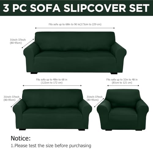 Peryiter 3 Pcs Couch and Loveseat Sofa Covers,Dark Green,Milk Silk - Image 2