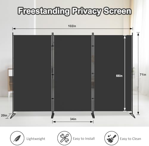 Kokorona 3 Panel Room Divider, 6FT Tall Folding Privacy Screen Wall Dividers, Portable Privacy Screen Freestanding Room Divider for Room Separation, Included - Cover Strips, Grey, 102''W x 71''H - Image 2