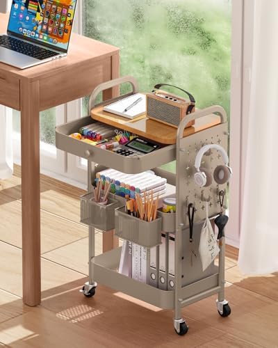 ALVOROG 3 Tier Metal Rolling Cart with Drawer,Wood Top,Pegboards,Khaki - Image 5