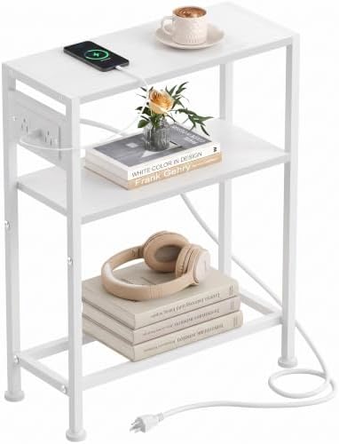Small Narrow Side Table with Charging Station, Skinny End Table for Small Spaces, Slim Nightstand with Outlets, Sofa Bedside Table in Living Room, Bedroom, Study, Kitchen and Balcony, White by HOME