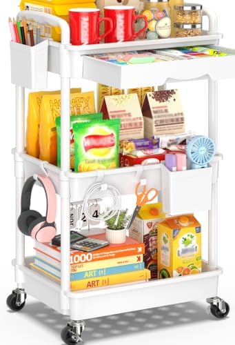 SUNALLY 3 Tier Rolling Cart with Drawer, Craft Storage Cart Organizer,White by SUNALLY