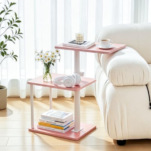 Faesun Swivel Side Table for Couch Arm, Adjustable C End Table for Recliner or Bed, Tv Trays with Storage Shelf for Small Spaces Small Nightstand Table for Living Room, Bedroom，Pink - Image 2