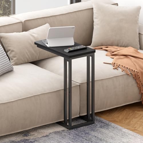 Yusong C Shaped End Table - Slide Under Sofa Couch Bed, Small Table for Small Spaces, Skinny Overbed, Coffee Drink Snack Table for Living Room, Black Oak - Image 5