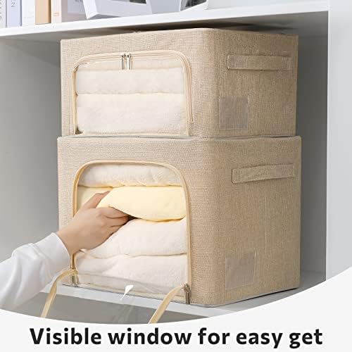 FHSQX 2 Pack Clear Window Storage Bins Foldable Fabric Storage Bins Boxes for Clothes Stackable Box Organizer Set with Carrying Handles (Beige, 22L,15.7x 11.8x 7.8 Inch) - Image 6