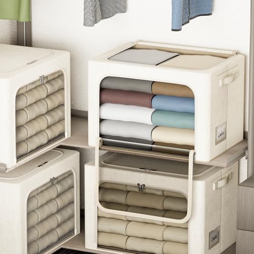 4 Pack Clothes Storage Bins with Metal Frame - 22L Stackable Storage Box with Lid，Foldable Storage Container Organizer for Clothes，Linen Fabric Storage Box with Clear Window＆Zippers＆Handles - Image 6