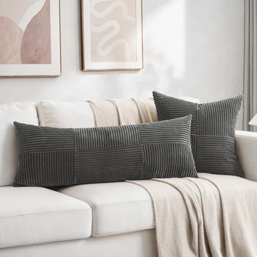 Fancy Homi Set of 2 Dark Gray Boho Long Lumbar Body Decorative Throw Pillow Cover 14x36 Inch for Bed Couch Bedroom Bench, Soft Patchwork Corduroy Textured Pillow Case, Rustic Farmhouse Room Décor - Image 5