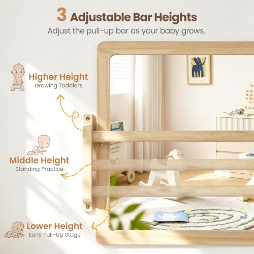 Montessori Mirror with Pull Up Bar, 23.6 x 15.7 in Natural Wood Frame & Shatter-Resistant Acrylic Baby Mirror for Floor and Wall, Tummy Time and Pull-to-Stand Practice - Image 4