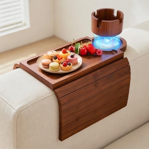 Bamboo Couch Arm Tray, 3 in1 Couch Armrest Table, Armrest Tray, Walnut by Unknown