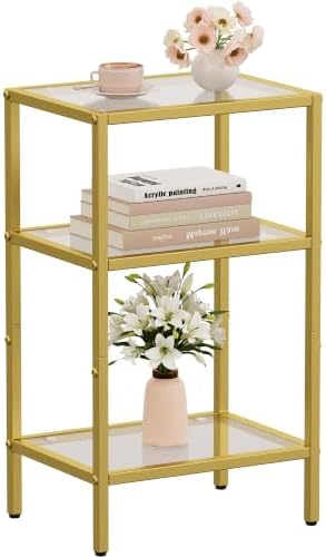 Glass Side Table, Tempered Glass End Table, 3-Tier Nightstands with Open Shelves, Small Coffee Table with Modern Style, Accent Table Small Table Sofa Table for Living Room, Bedroom, Gold by HOME