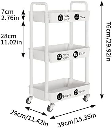 Laiensia 3-Tier Rolling Cart with Wheels,Multifunction Utility Storage Carts, Kitchen Storage Organizer,Mobile Shelving Unit for Bathroom,Laundry,with Classified Stickers,White (Pack of 2) - Image 2