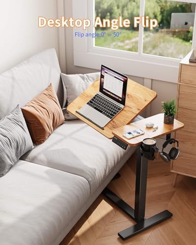 YIHAYO 28 x 16 Inches Electric Adjustable Overbed Bedside Table, Brown - Image 7