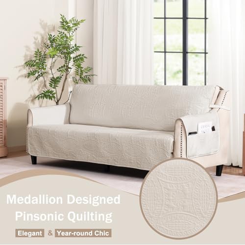 Quilted Beige Sofa Slipcovers with Pockets, Anti-Slip Medallion Couch Covers for Sofa, Couch Cover for Dogs Cats Water-Repellent Machine Washable Sofa Cover (Large Sofa 68", Beige Cream) - Image 2