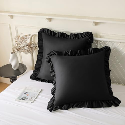 KKJIAF 2 Pack Ruffle Pillow Cases 22x22 Inches, Black by KKJIAF