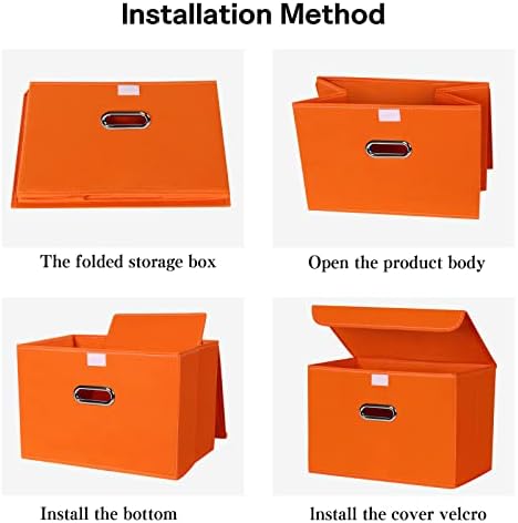 Linen Fabric Foldable Collapsible Storage Cube Bin Organizer Basket Fabric Storage Bins with Lid, Leather Handles, Removable Divider for Home, Closet, Orange - Image 6