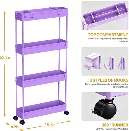SPACELEAD Slim Storage Cart 3 Tier,Bathroom Organizer Rolling Utility,Mobile Shelving Unit Slide Out for Office, Kitchen, Laundry Room & Narrow Places,Purple - Image 7
