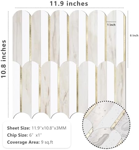 Vamos Tile Peel and Stick Backsplash Seamless Tile for Kitchen and Bathroom,1-Sheet White and Glossy Wooden Marble PVC Mixed Light Gold Self Adhesive Fish Scale Metal Mosaic Tiles - Image 3