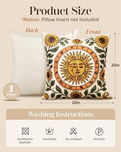 Embroidered Throw Pillow Cover 20x20 Inch, Sunflower Moon - Image 4