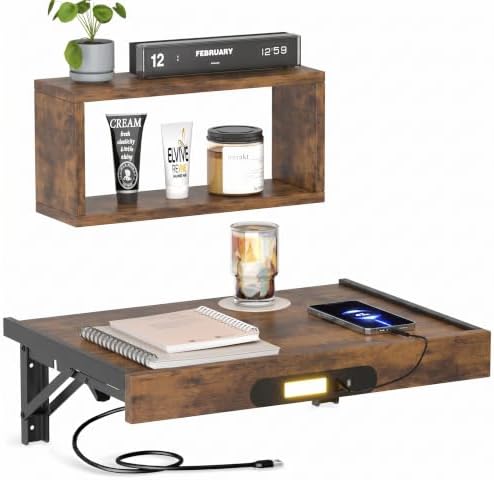 TEAMIX Floating Nightstand with Charging Station, Wall Mounted Folding Bedside Shelf Combo Wood Nightstand with Led Light USB Type C Ports, Bed Side Storage Tray Caddy for Bedroom, Living Room, Dorm by TEAMIX