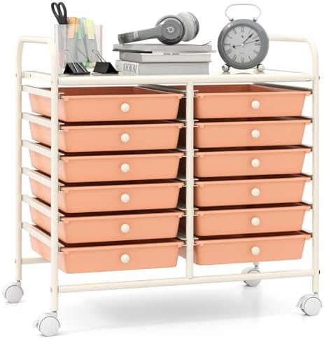 Giantex 12 Drawers Rolling Cart, Mobile Storage Drawer Cart, Classroom Organizer Cart for Office School Supplies Tools Scrapbook Paper Craft Small Printer, Utility Cart on Wheels, Peach Fuzz by Giantex