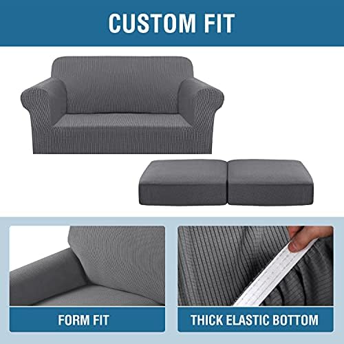 H.VERSAILTEX 3 Piece Stretch Sofa Covers for 2 Cushion Loveseat Couch Covers for Living Room Furniture Cover (Base Cover Plus 2 Seat Cushion Covers) Thicker Jacquard Fabric(Medium Sofa, Grey) - Image 4