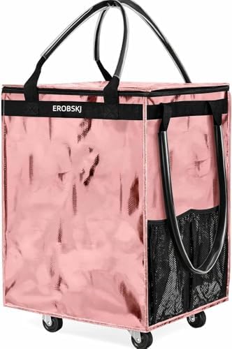 (Medium,Rose Gold) Reusable Grocery Bag on Wheels, Foldable Rolling Tote by EROBSKJ
