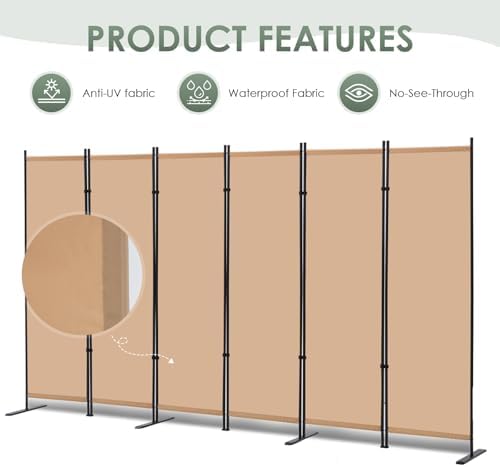 RANTILA 6 Panel Room Divider, 6 FT Folding Privacy Screen with Wide Feet, Freestanding Partition for Room Separation, Portable Room Divider Panel, 133" W x 71" H, Beige - Image 5